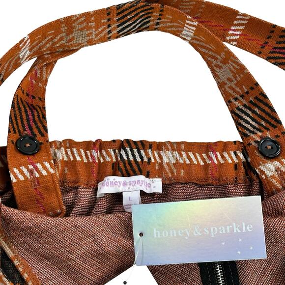 Honey & Sparkle Skirtall Size Large Orange Plaid Zip Front Pockets Elastic Waist - Picture 9 of 12